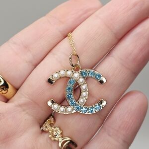 Authentic CHANEL PEARL Blue Crystal Pendant Necklace